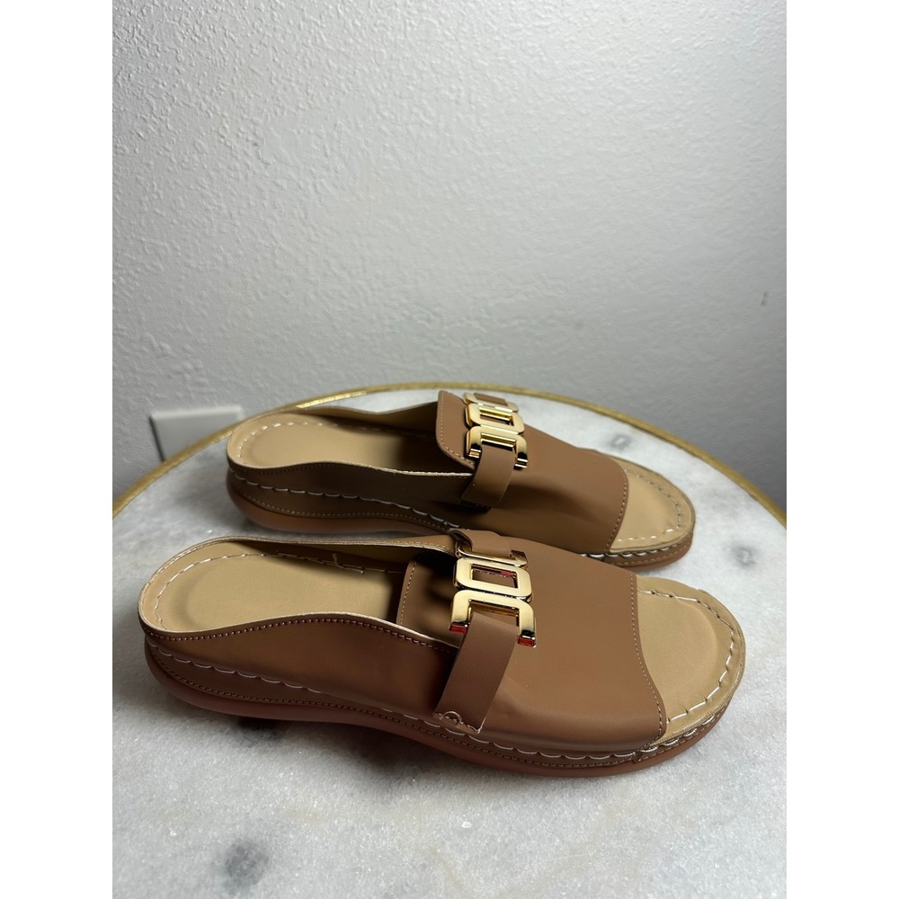 Womens Tan Brown Slide Sandals Gold Link Hardware Open Toe Mules